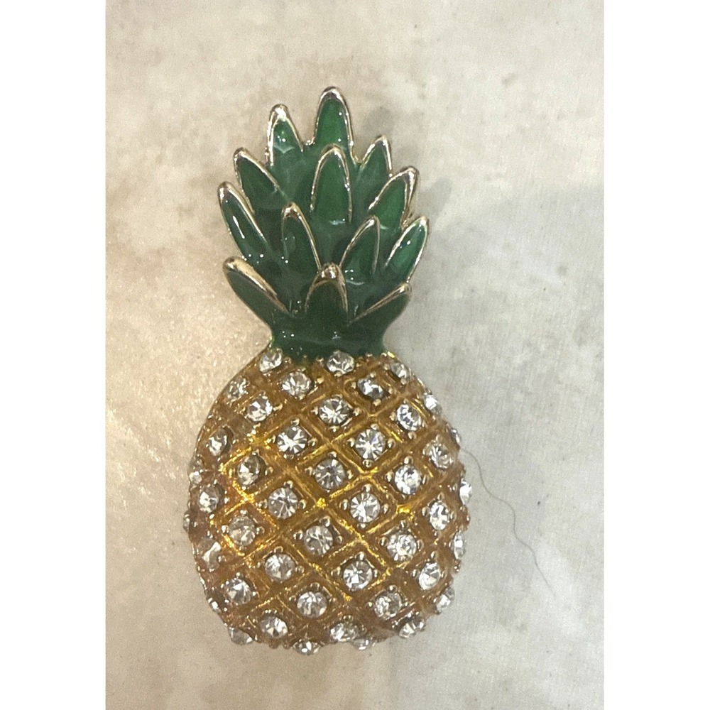 Gold Tone Pineapple Brooch Green Enamel Clear Rhinestone Tropical‎ Fruit Pin